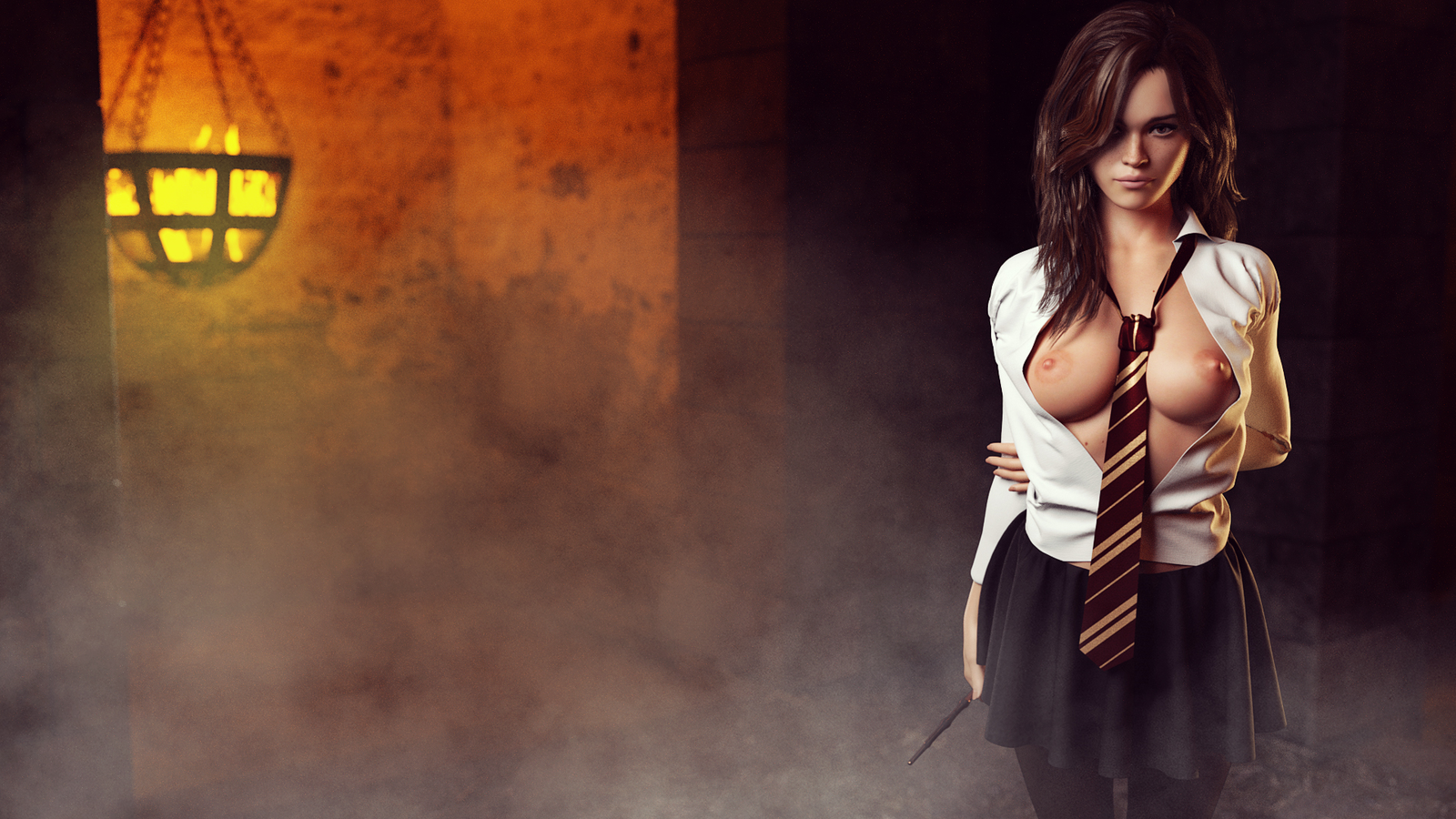 Hermione - NSFW, 3dx, Girls, 3D, Hand-drawn erotica, Hermione, Harry Potter, Boobs, School uniform, Longpost