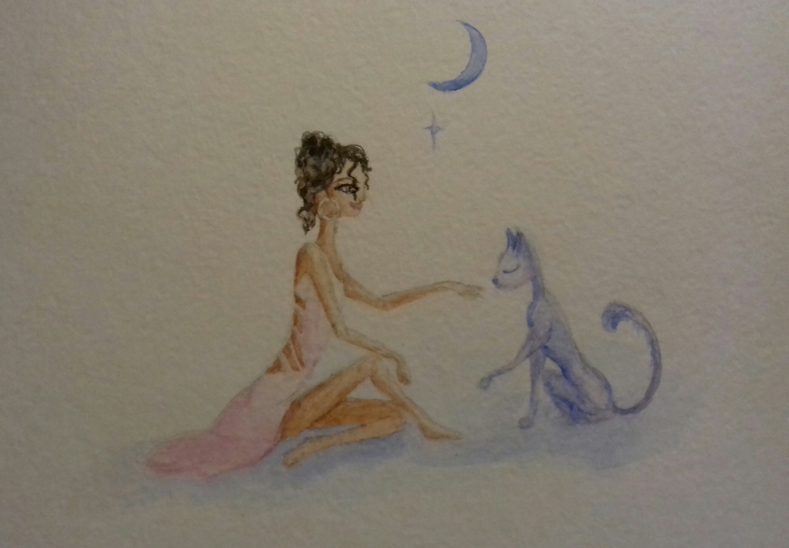 My night story in watercolor - My, Watercolor, , cat, Night Theme, Beautiful girl, Longpost