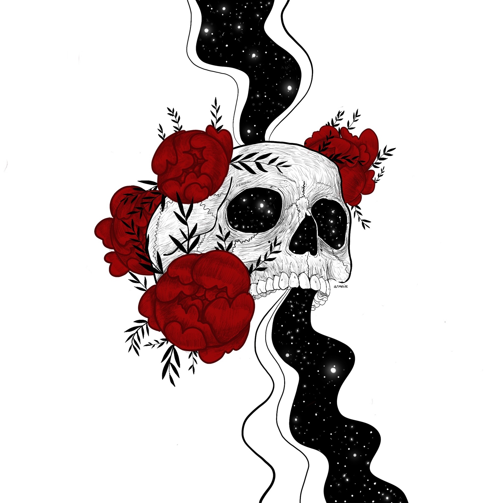 Skull in roses - My, Procreate, Digital, Art