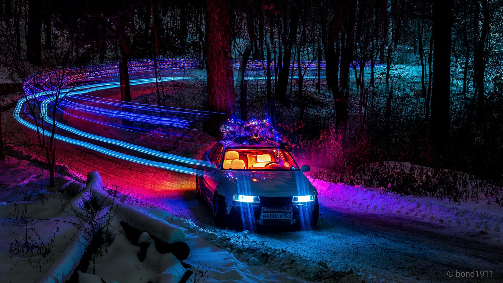 Christmas mood in the forest - My, Opel, Forest, Night, New Year, Christmas trees, Garland, Longpost