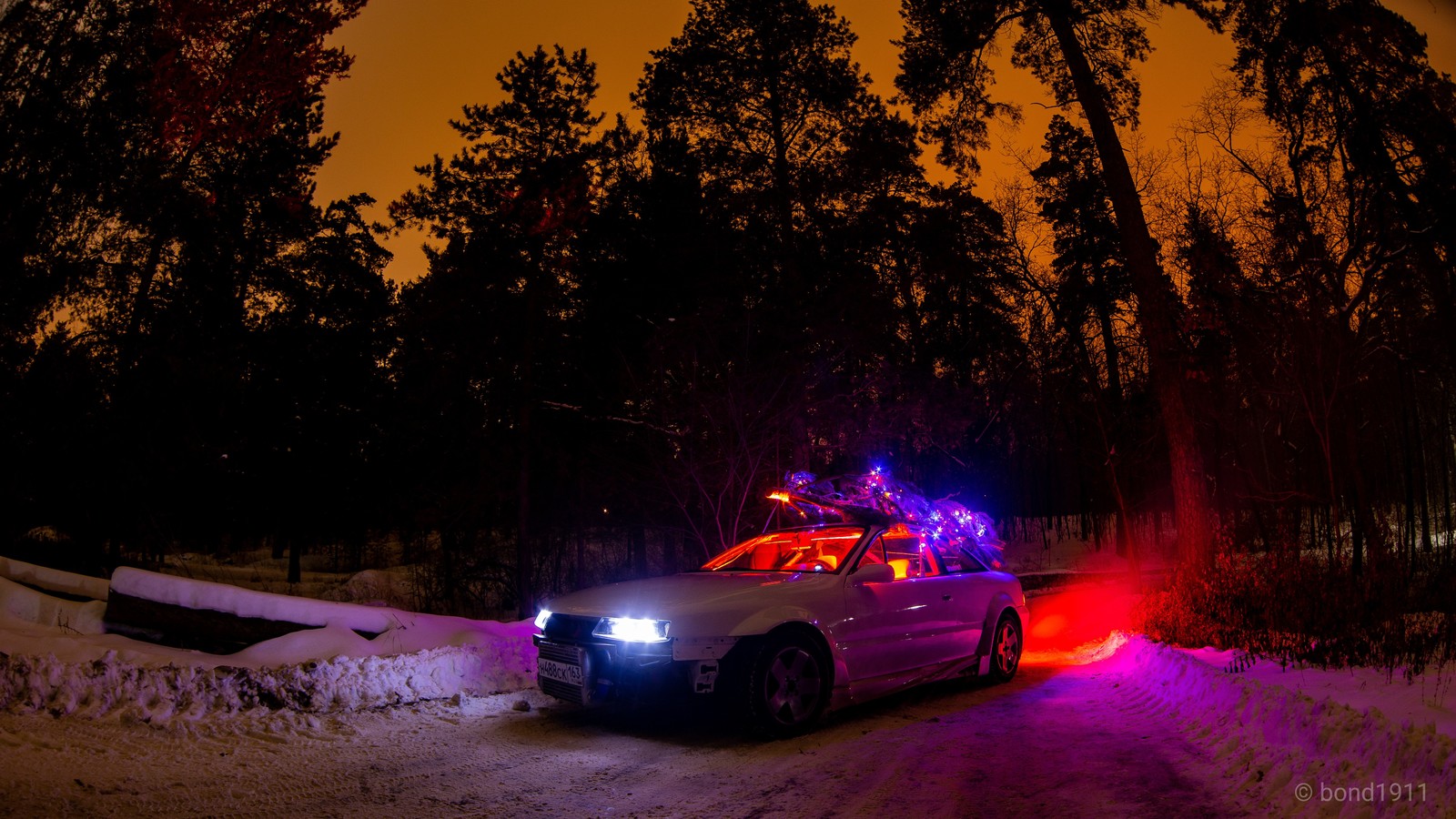 Christmas mood in the forest - My, Opel, Forest, Night, New Year, Christmas trees, Garland, Longpost