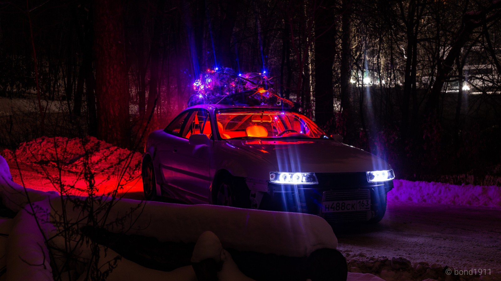 Christmas mood in the forest - My, Opel, Forest, Night, New Year, Christmas trees, Garland, Longpost