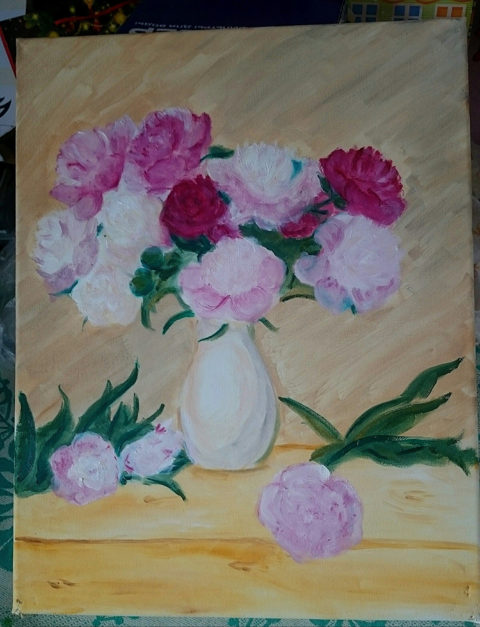 Peonies - My, Oil painting, Flowers, Canvas, My first job