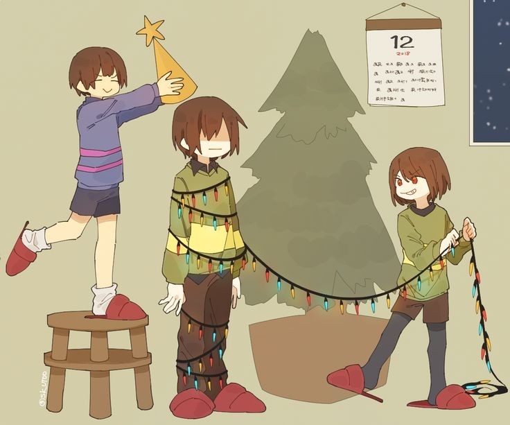 New Year in Undertale - Deltarune, Undertale, Crossover, Kris, Frisk, Chara, Art, Games, Crossover