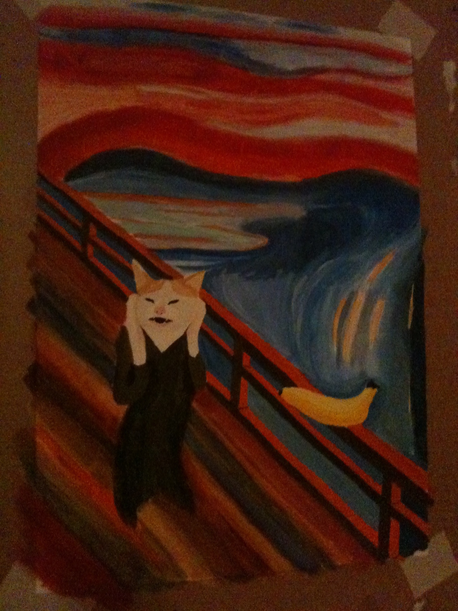 cat and banana - My, Drawing, Edvard Munch Creek, cat, Gouache