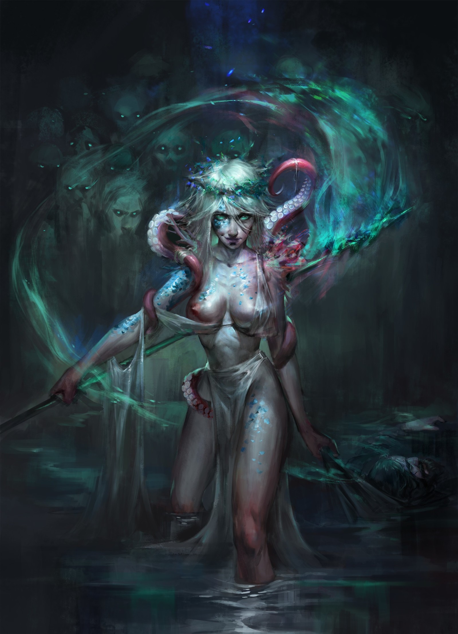 Drowned Queen - NSFW, Art, Drawing, Queen, Harpoon, Darya Kozhemyakina