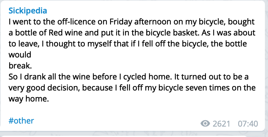 Very good solution - Sickipedia, A bike, Alcoholism, Wine, Translated by myself, Telegram