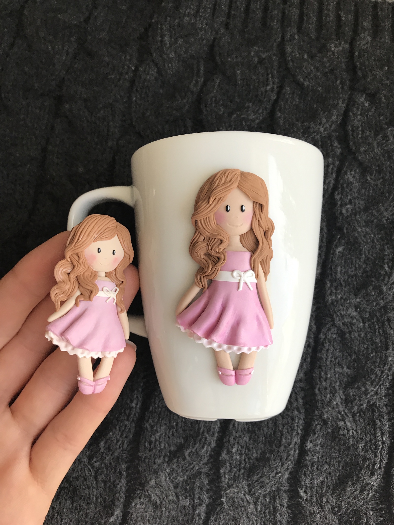 Girl decor mugs made of polymer clay - My, Polymer clay, Needlework without process, Chrysalis, Mug with decor, Longpost