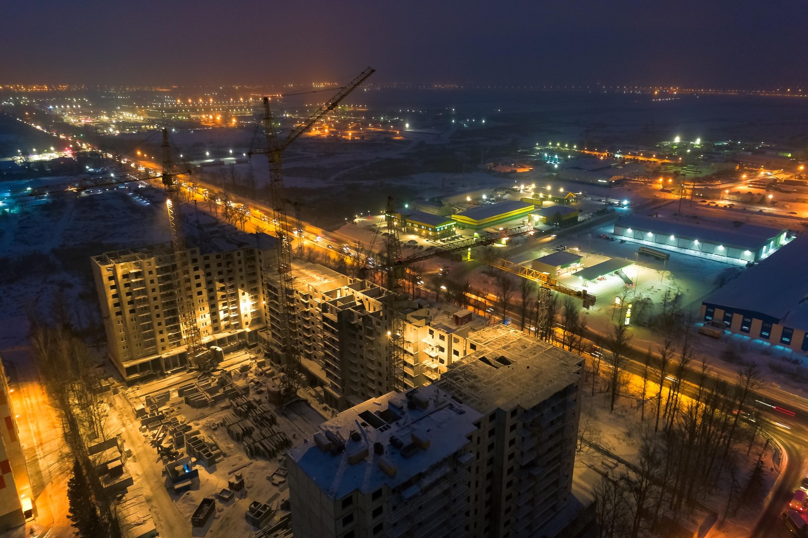 Night shots - Моё, Санкт-Петербург, Аэросъемка, Ночь, Дрон, Строительство, Московское шоссе