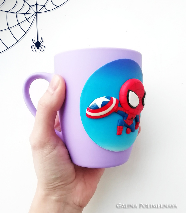 Spiderman ^_^ - My, Spiderman, Marvel, Polymer clay, Needlework without process, Handmade, Handmade, Кружки, Лепка, Longpost, Mug with decor