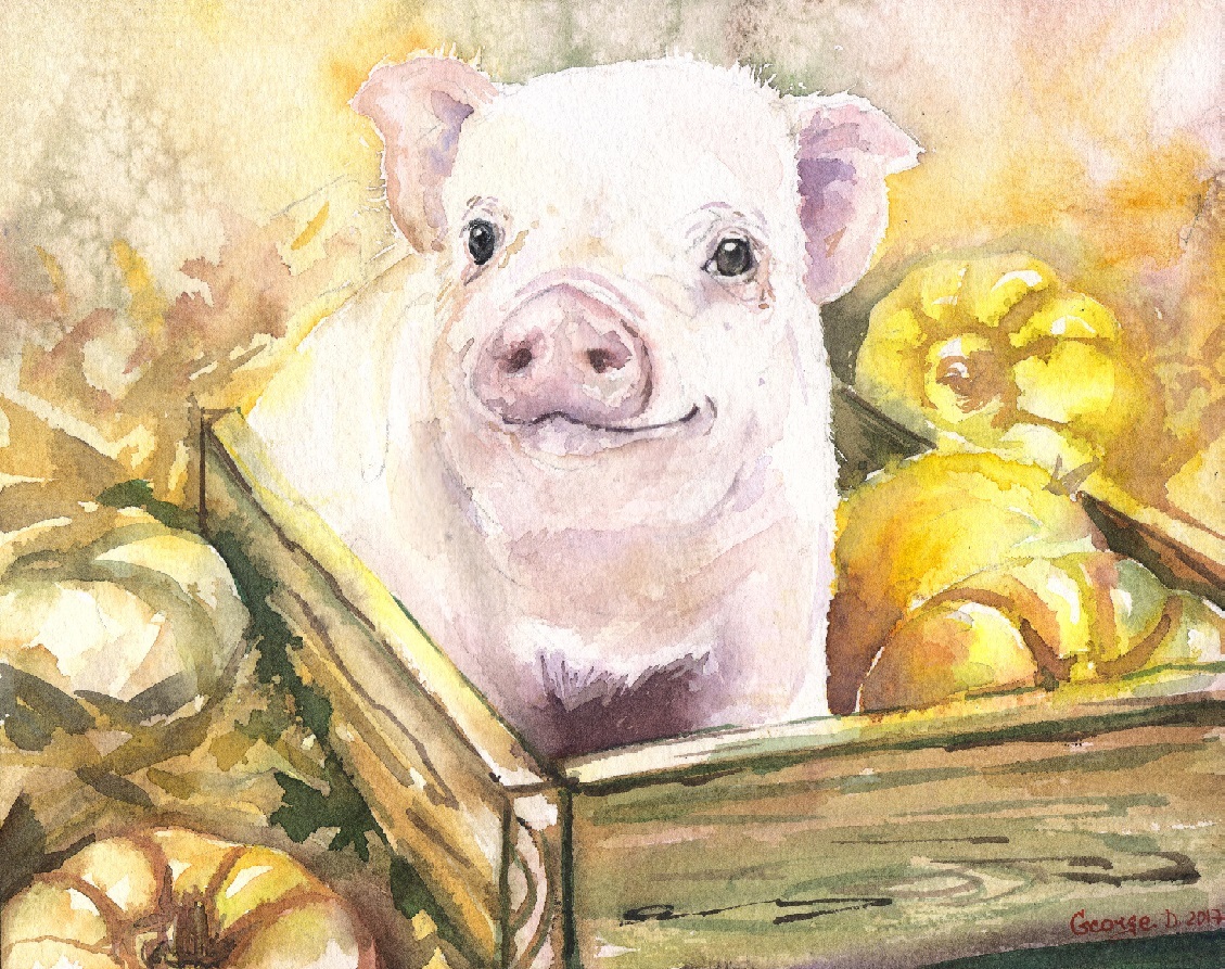 Friends and Mom. Watercolor :) - My, Watercolor, Painting, Milota, Smile, Animals, Eyes, Drawing, Pig, Longpost