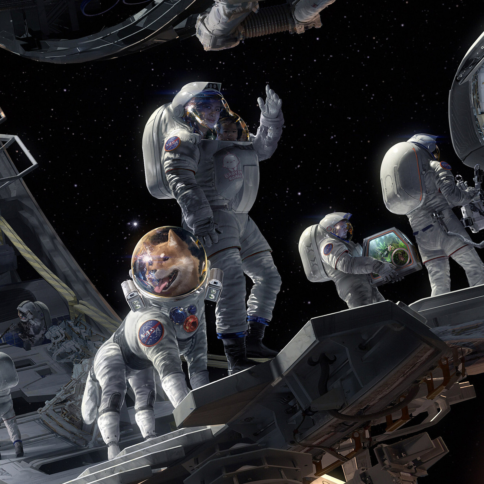 From the Moon to Mars. - moon, Mars, Space, Astronaut, Dog, Children, Art, Digital 3D, 3D