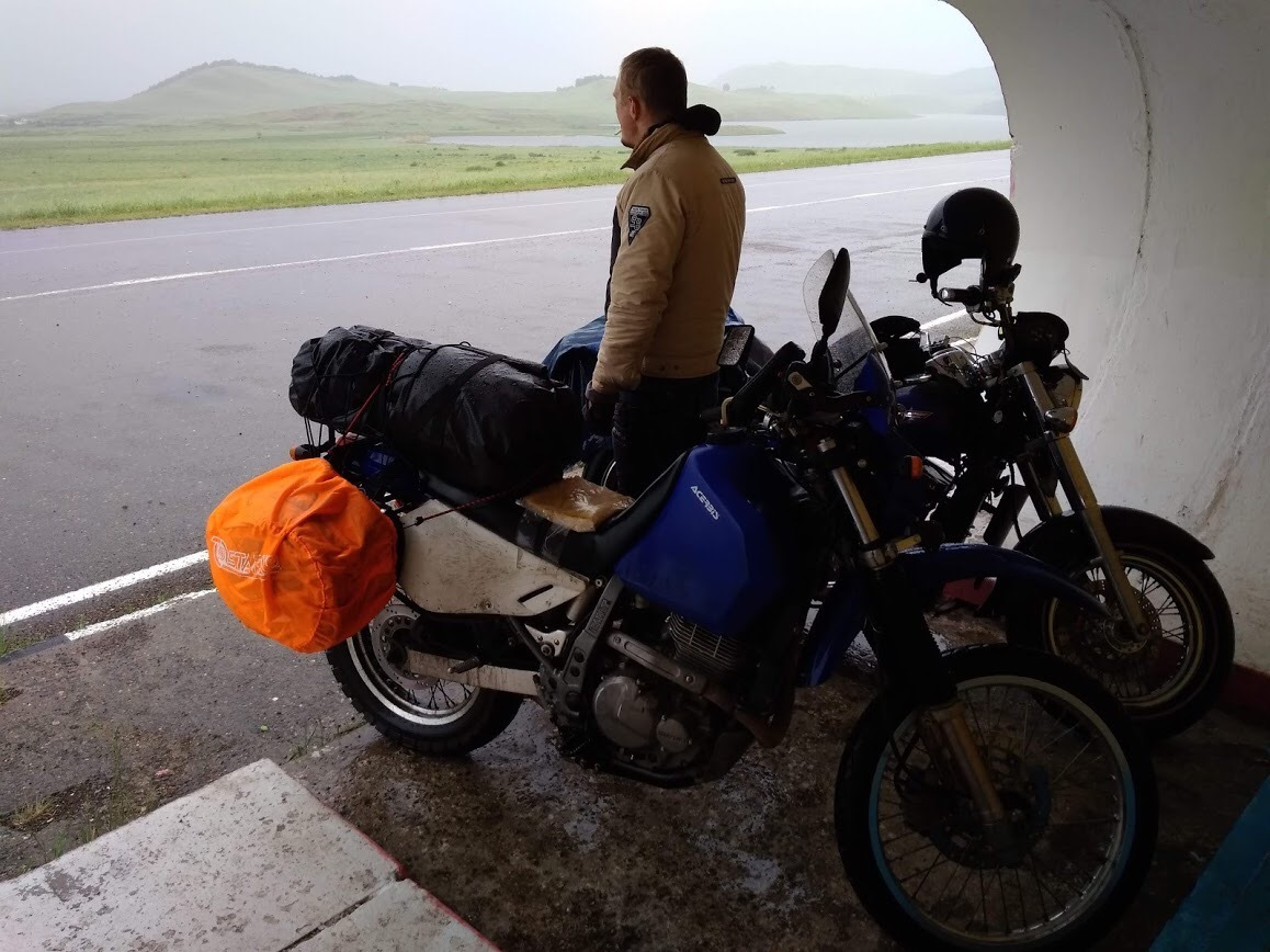 Mototourism. Khakassia, heavy rain, bus stop. - My, Moto, Motorcycles, Tourism, Travels, Mototourism, Motorcycle travel