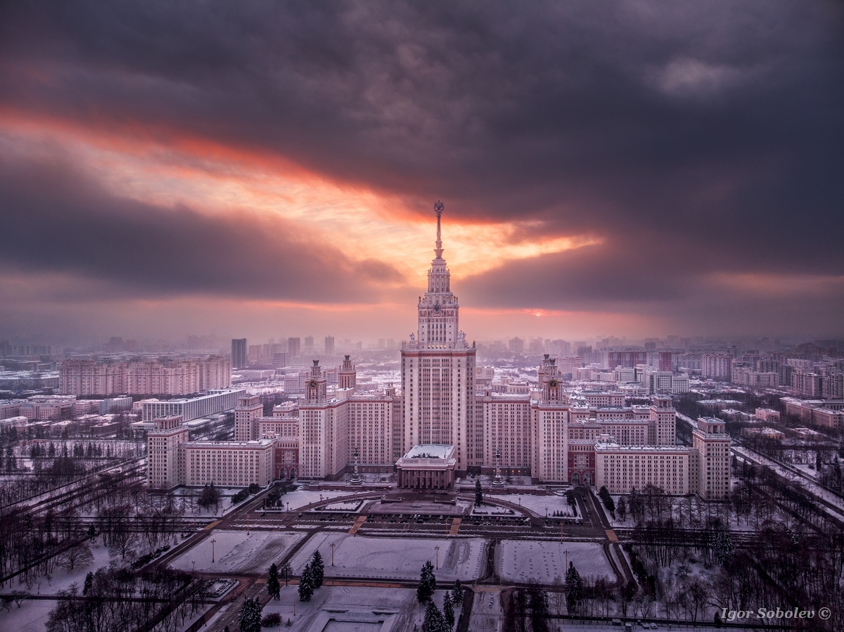 Sunset over Moscow State University - My, MSU, Aerial photography, The photo, Moscow