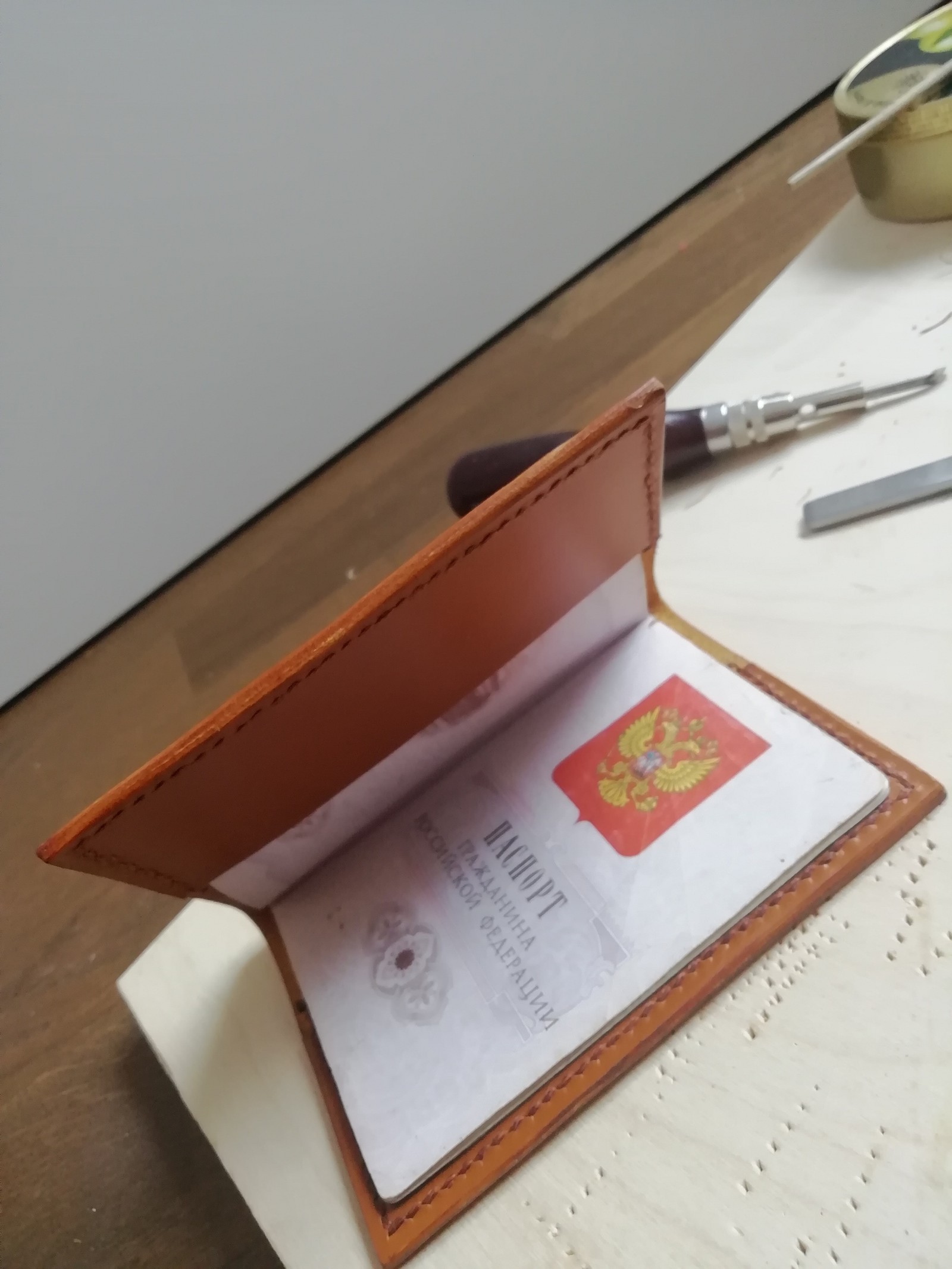 Job #1 passport cover. - My, Leather, Cover, Leather craft, Hobby, Longpost