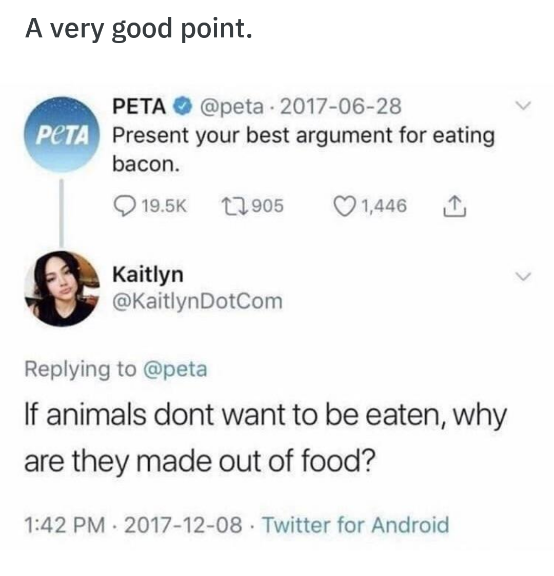 Good argument - Twitter, Peta, Screenshot, Vegan