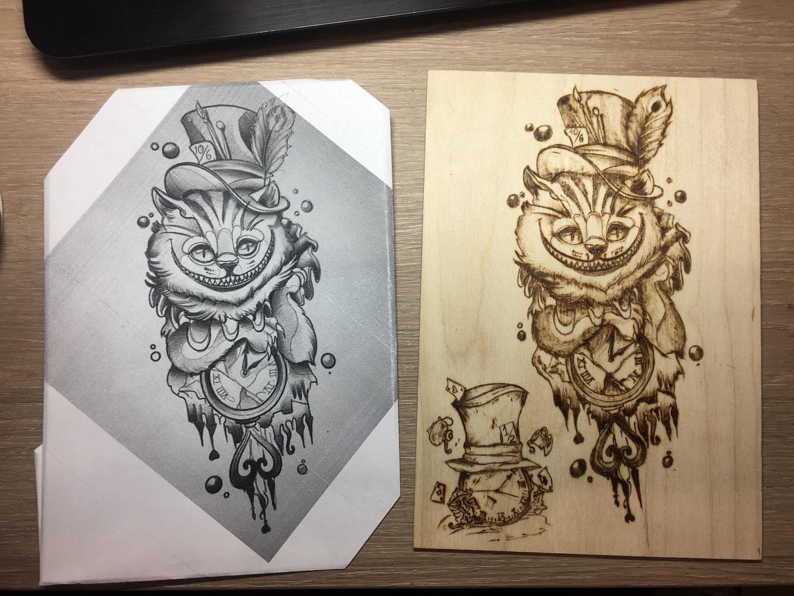 Cheshire of the Absurd - My, Pyrography, Needlework with process, Longpost, With your own hands, Needlework, Alice in Wonderland, Cheshire Cat