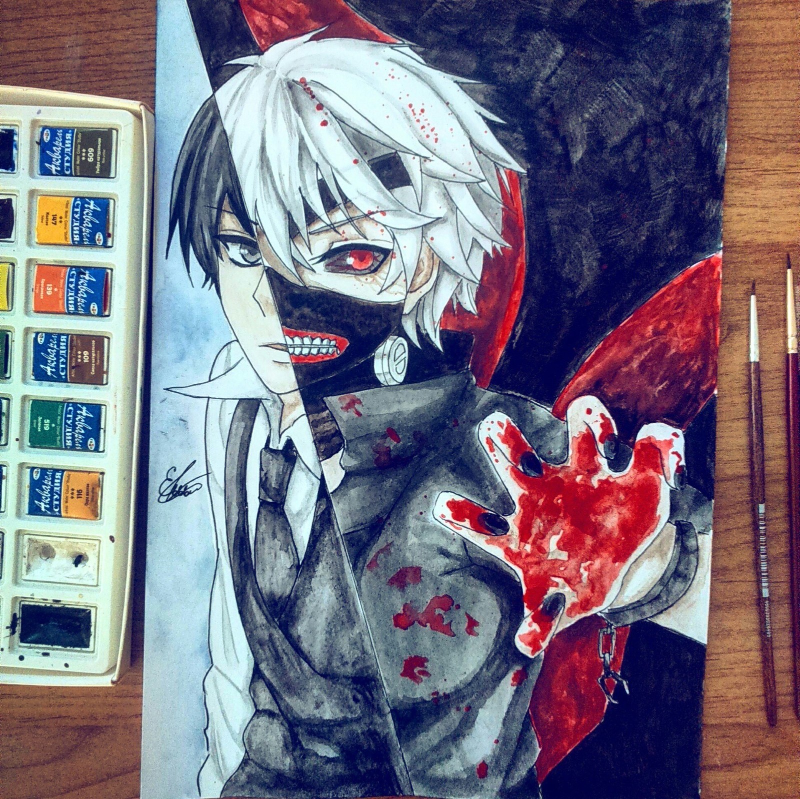 Для ценителей - Моё, Аниме, Арт, Акварель, Гуль, Kaneki Ken, Tokyo Ghoul, Рисунок