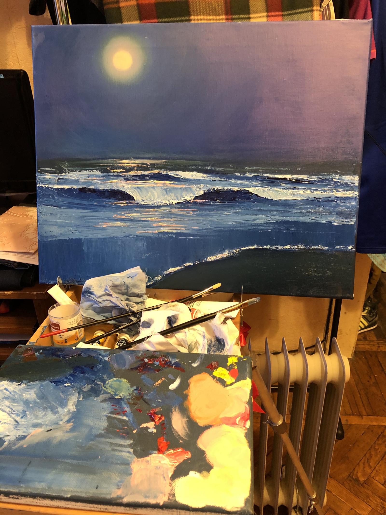 Attempts to paint in oils - My, Art, Sea, Night, moon, Oil painting, Painting, Drawing