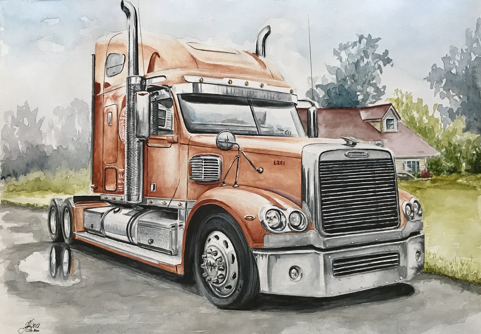 redhead truck - My, Drawing, Track, Watercolor, Realism, Auto, Truck