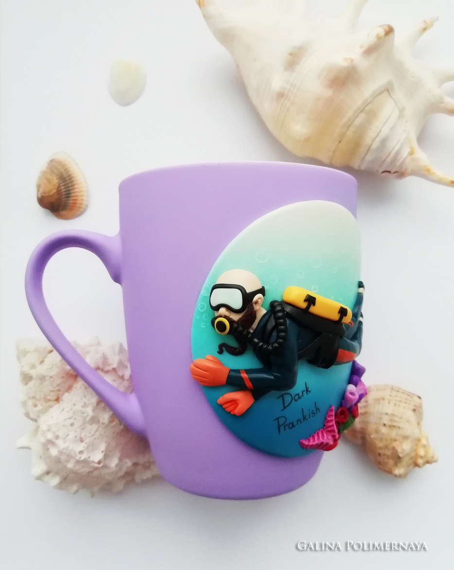 Diver mug ^_^ - My, Diver, Кружки, Polymer clay, Needlework without process, Handmade, Лепка, Handmade, Longpost, Mug with decor