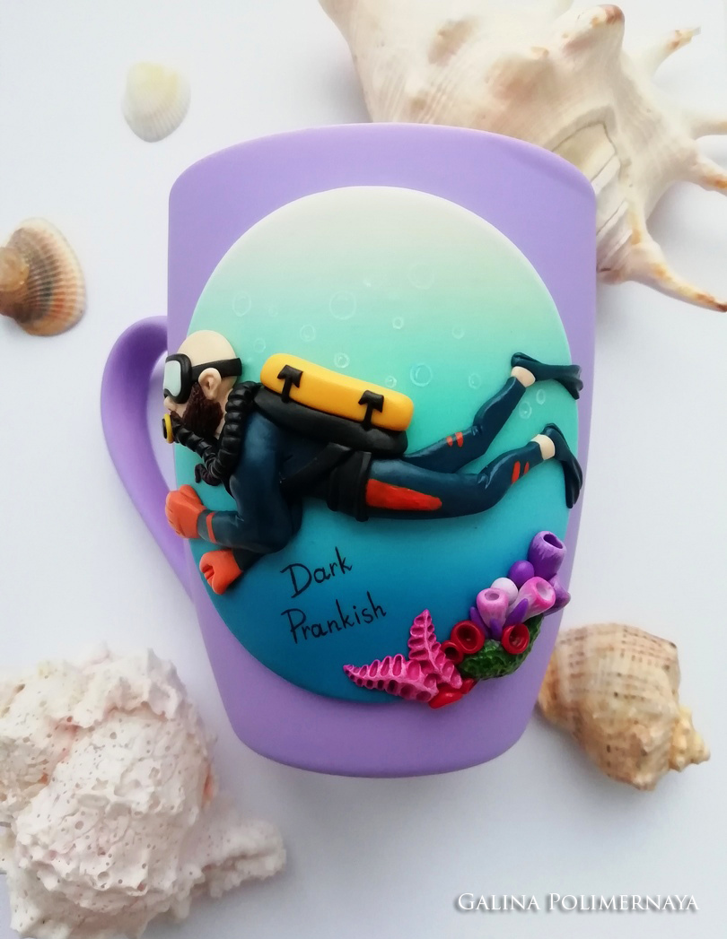 Diver mug ^_^ - My, Diver, Кружки, Polymer clay, Needlework without process, Handmade, Лепка, Handmade, Longpost, Mug with decor