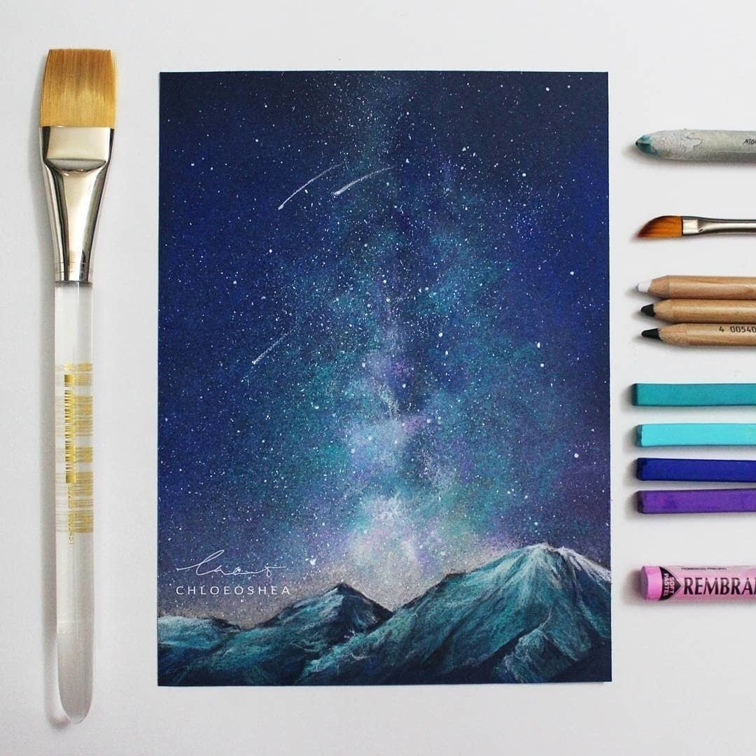 Starfall - Art, Painting, Drawing, Artist, Art, Starry sky, The mountains, 