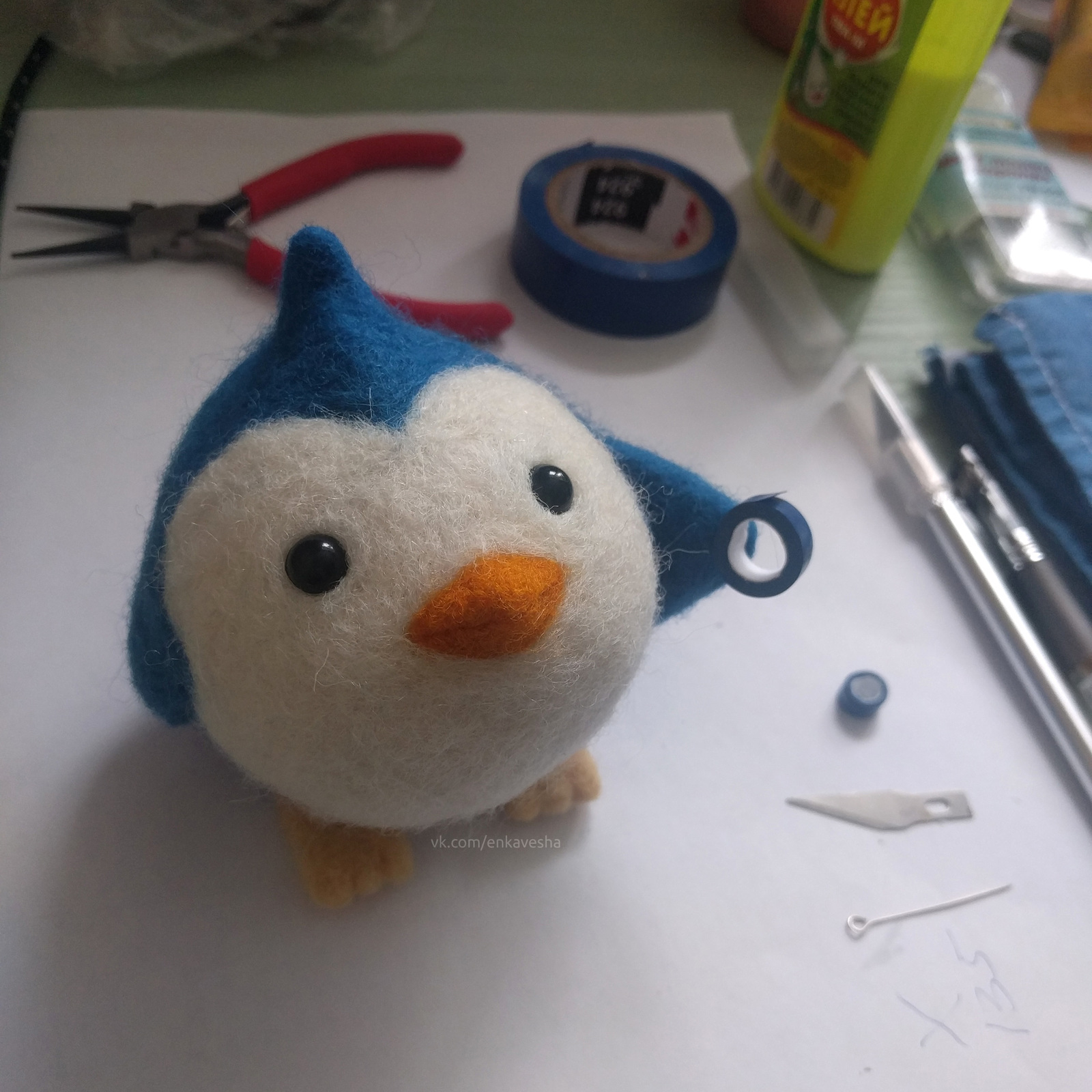 On, man, electrical tape - My, Author's toy, Dry felting, Wallow, Needlework with process, Needlework, Handmade, Insulating tape, Penguins, Longpost