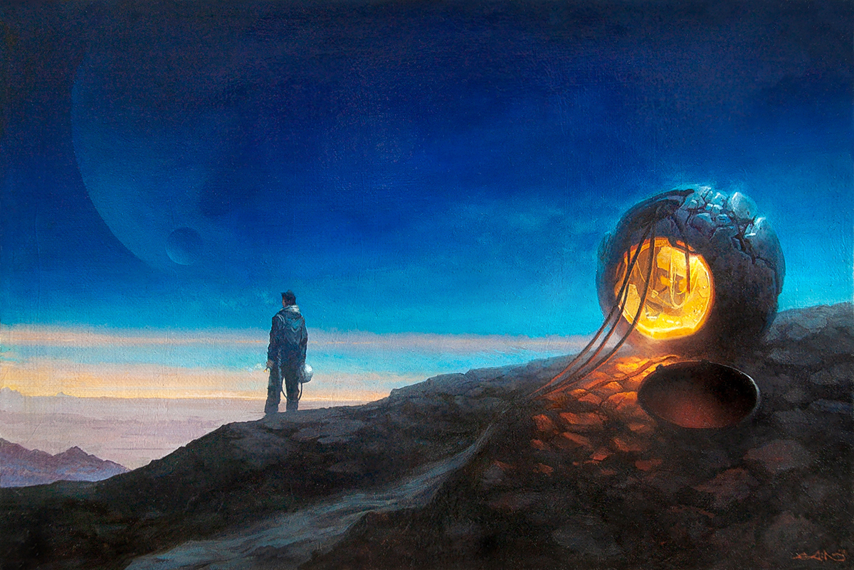 escaped - My, Painting, Butter, Space, Capsule, Landing, Canvas, Longpost, Other planet, Oil painting