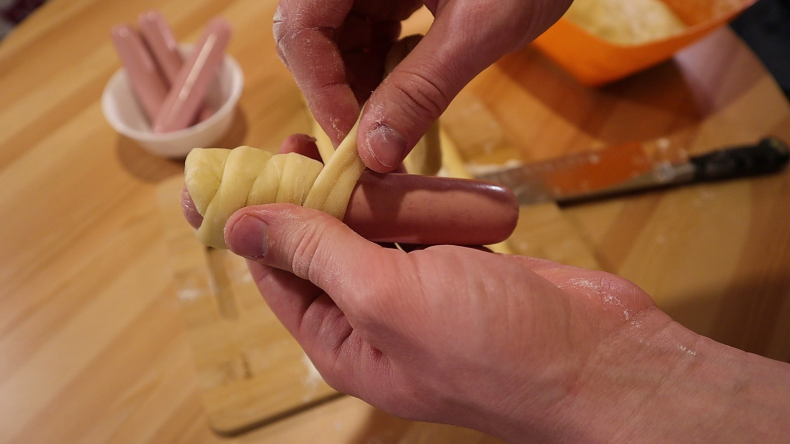 Baked sausages in dough according to grandma's recipe + video - My, Food, Recipe, Bakery products, Dough, Sausage in dough, Snack, Video, Longpost