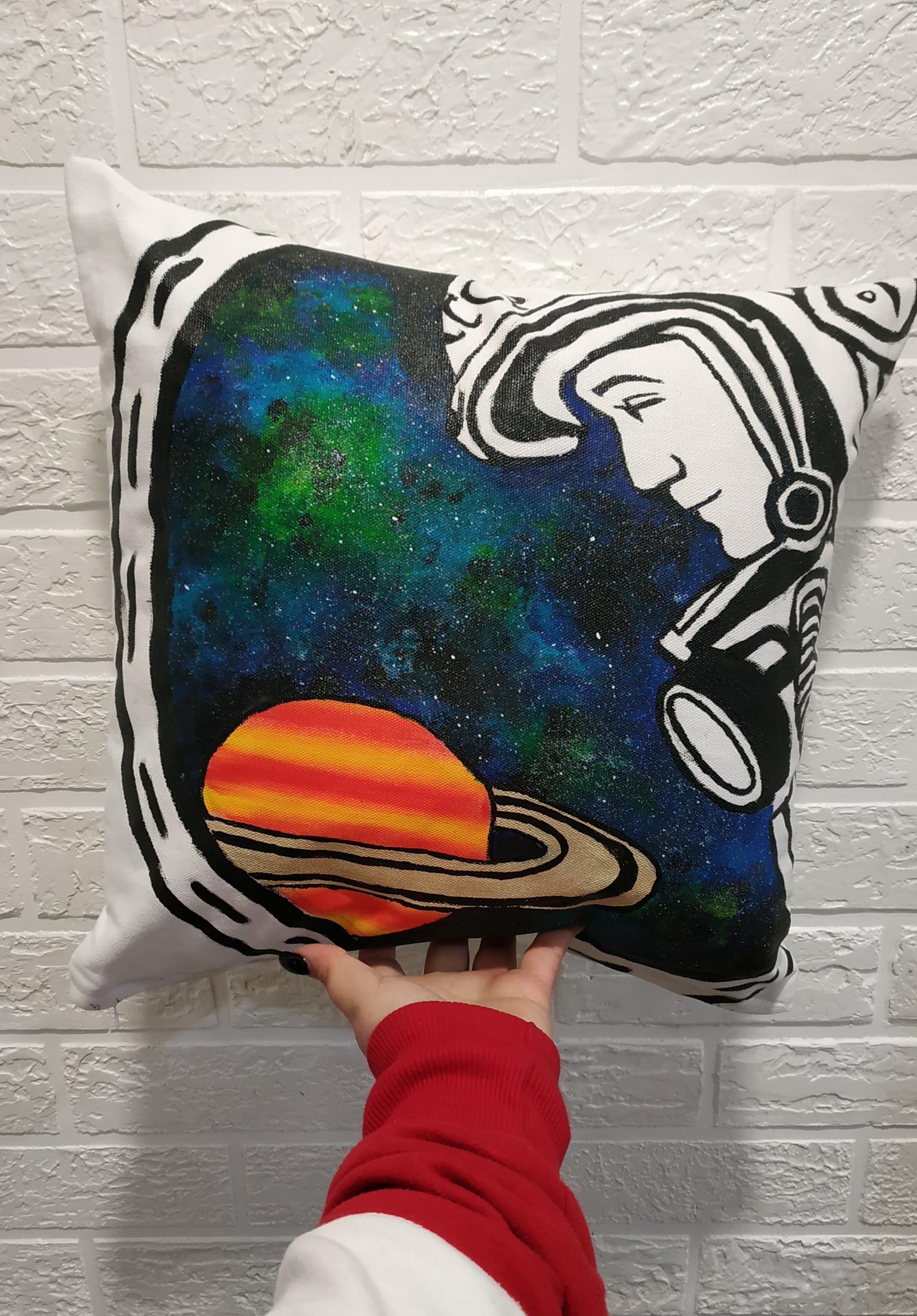 space pillow - My, Painting on fabric, Acrylic, Drawing, Creation, With your own hands, Handmade, Space, Космонавты, Longpost