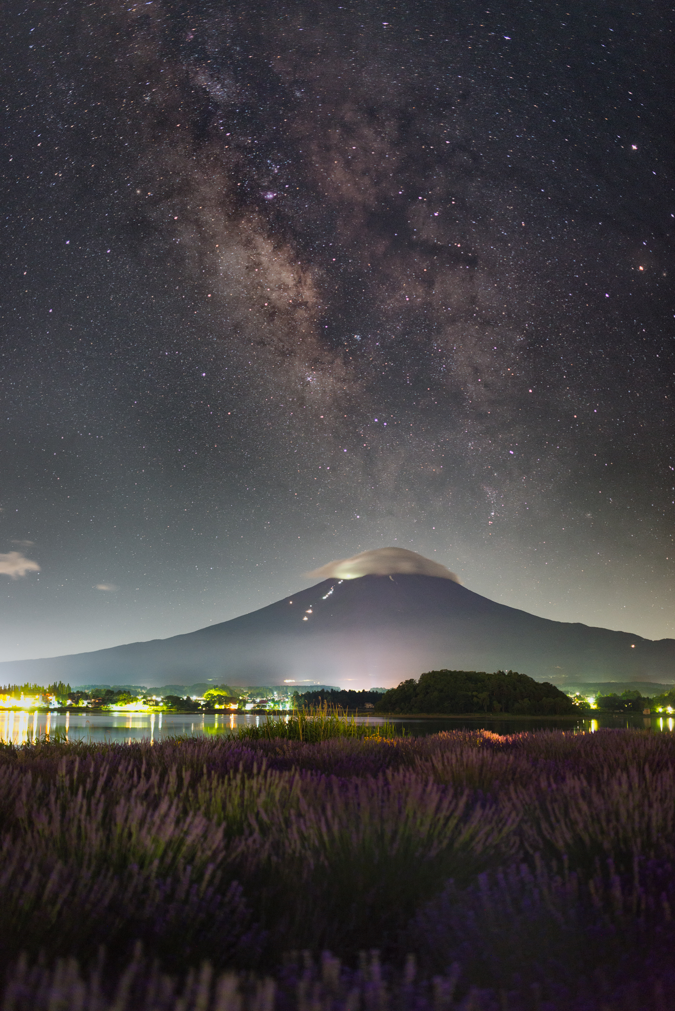 Everything is perfect in this photo: Fujiyama, the Milky Way, lavender. - , Milky Way, Fujiyama, Japan, Lavender, Night, Starry sky