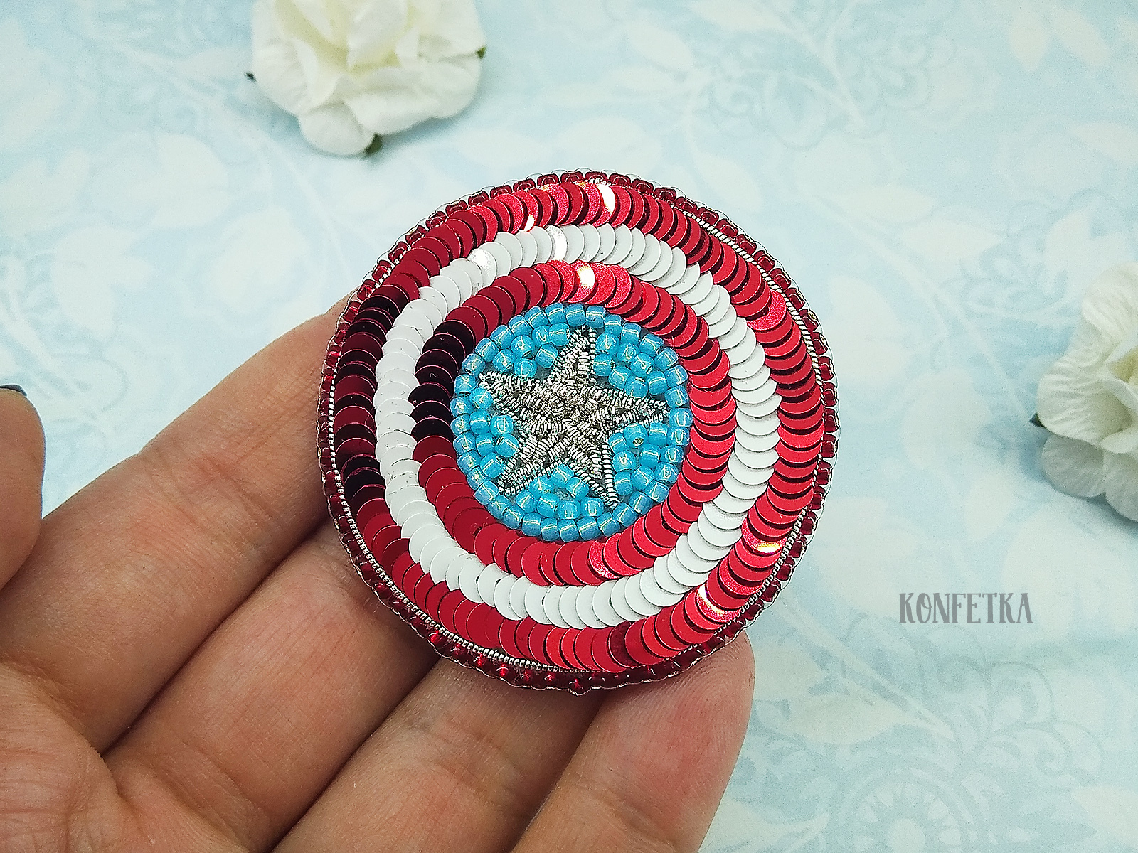 Captain's brooch - My, Brooch, Handmade, Handmade, Captain America, Embroidery