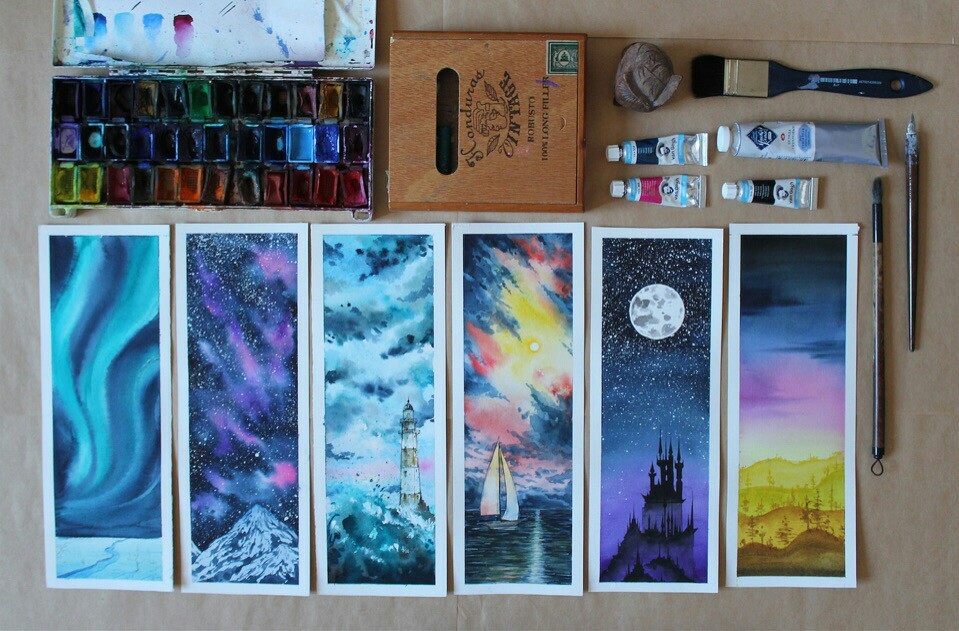 watercolor bookmarks - My, Watercolor, Landscape, Art, Sky, Bookmarks, Painting, Longpost