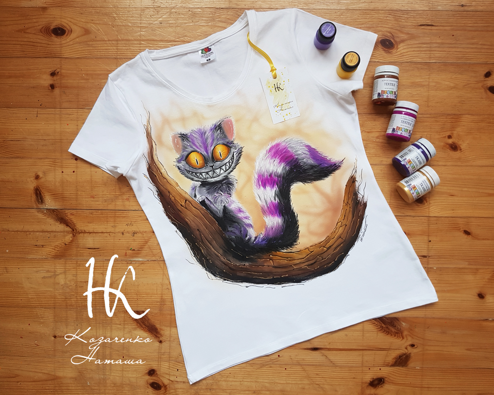 hand painted cheshire cat - My, Art, T-shirt, Cheshire Cat, Painting on fabric, Handmade, cat, Painting, Acrylic