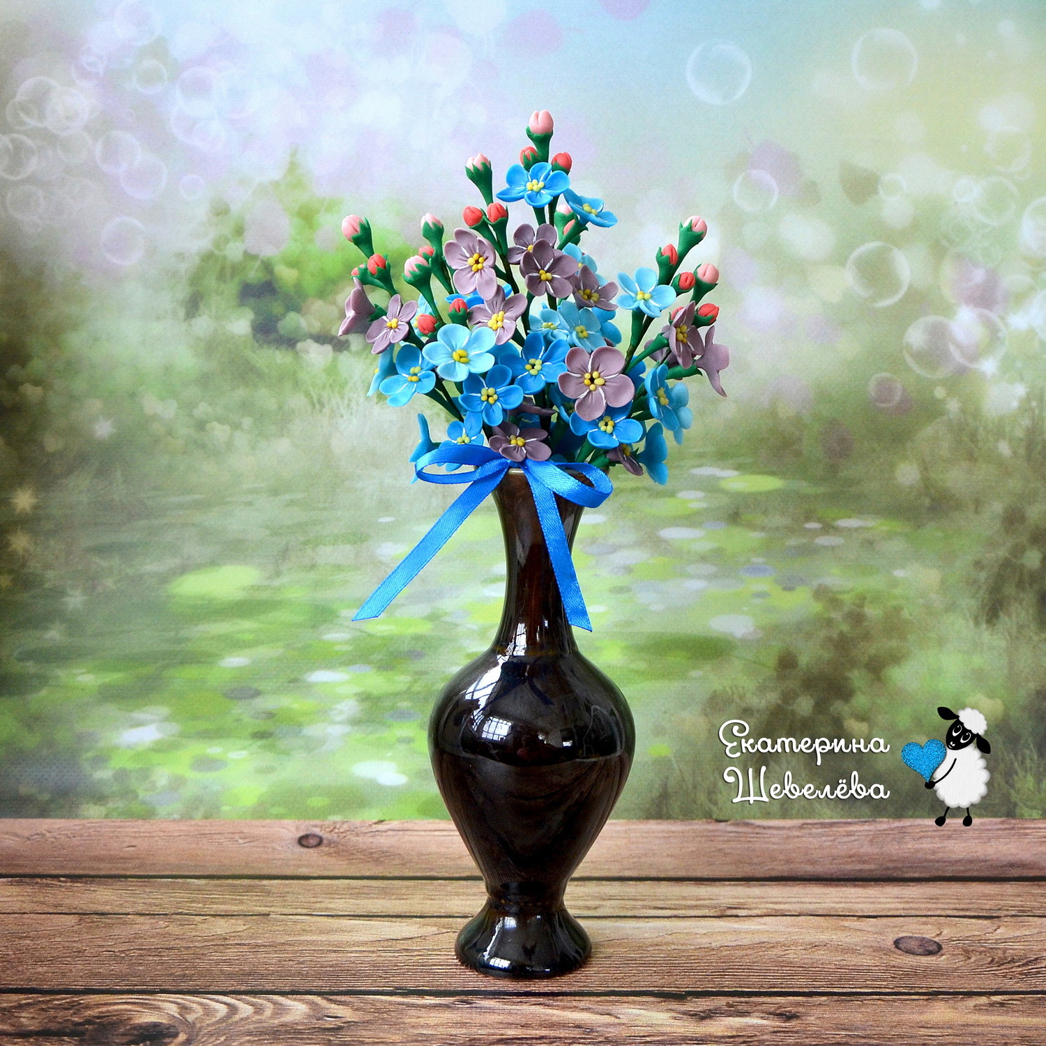 Bouquet of forget-me-nots - My, Forget-me-nots, , Polymer floristry, 