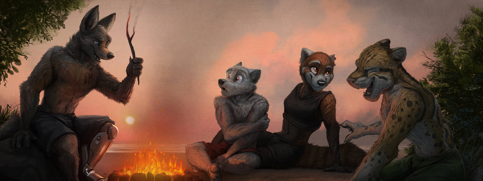 Campfire Stories - Furry, Furry art, Anthro, Furry canine, Furry feline, Furry Panda, Life stories, Temiree, Furry red panda