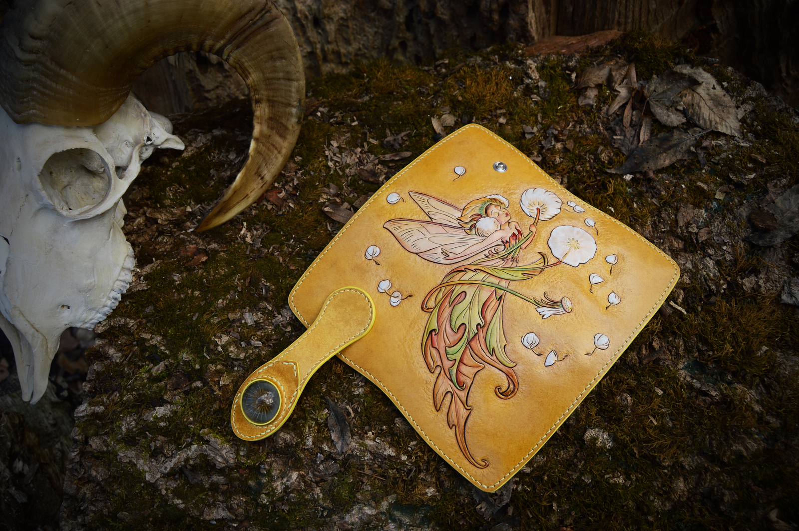 Purse with dandelion. - My, Fairy, Dandelion, Leather, Embossing on leather, Wallet, Longpost