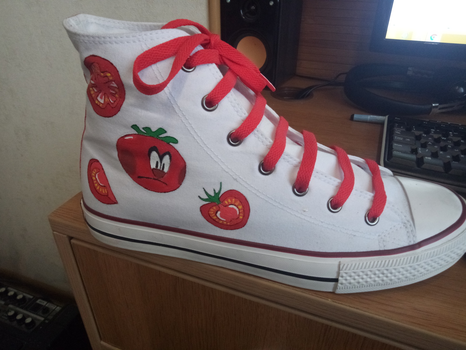 Sneakers on the theme of the most popular vegetables: tomatoes and cucumbers - My, Sneakers, Drawing, Longpost