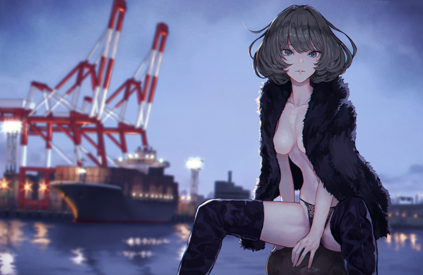 Evening in the port - NSFW, Art, Girls, Anime art, The idolmaster, Idolmaster Cinderella Girls, Takagaki kaede, Shibu11