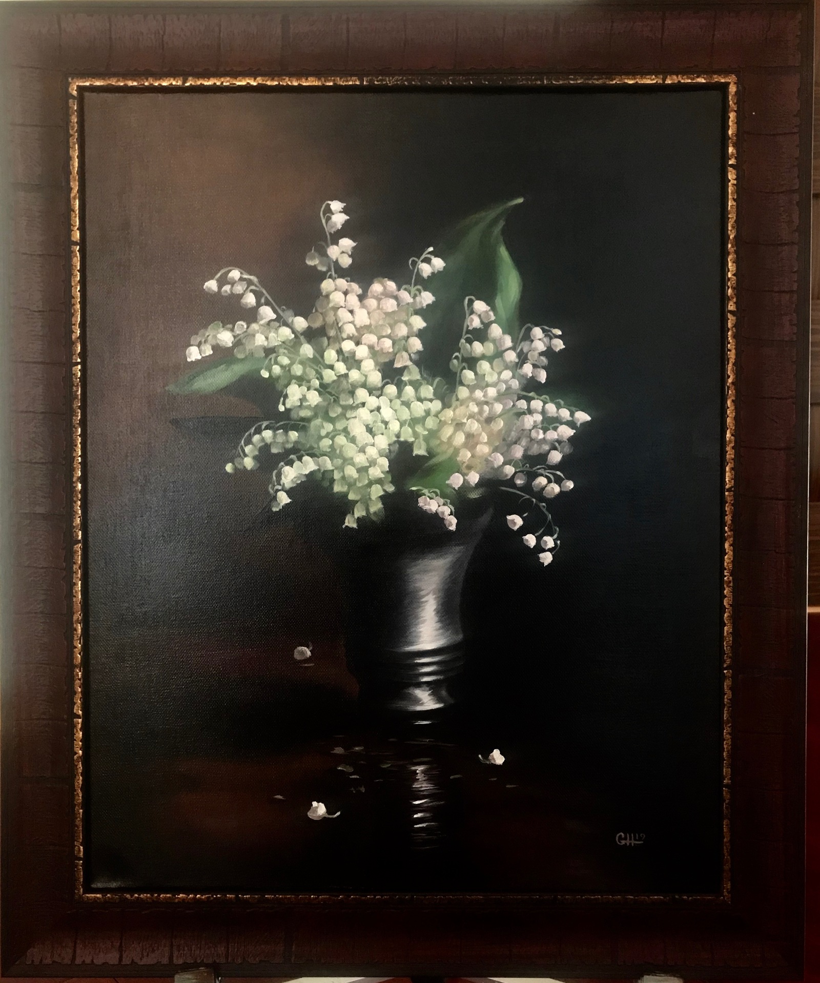 Lilies of the valley. Canvas, oil. - My, Oil painting, Flowers, Lilies of the valley, Painting, dark background, Painting, Butter, Vase