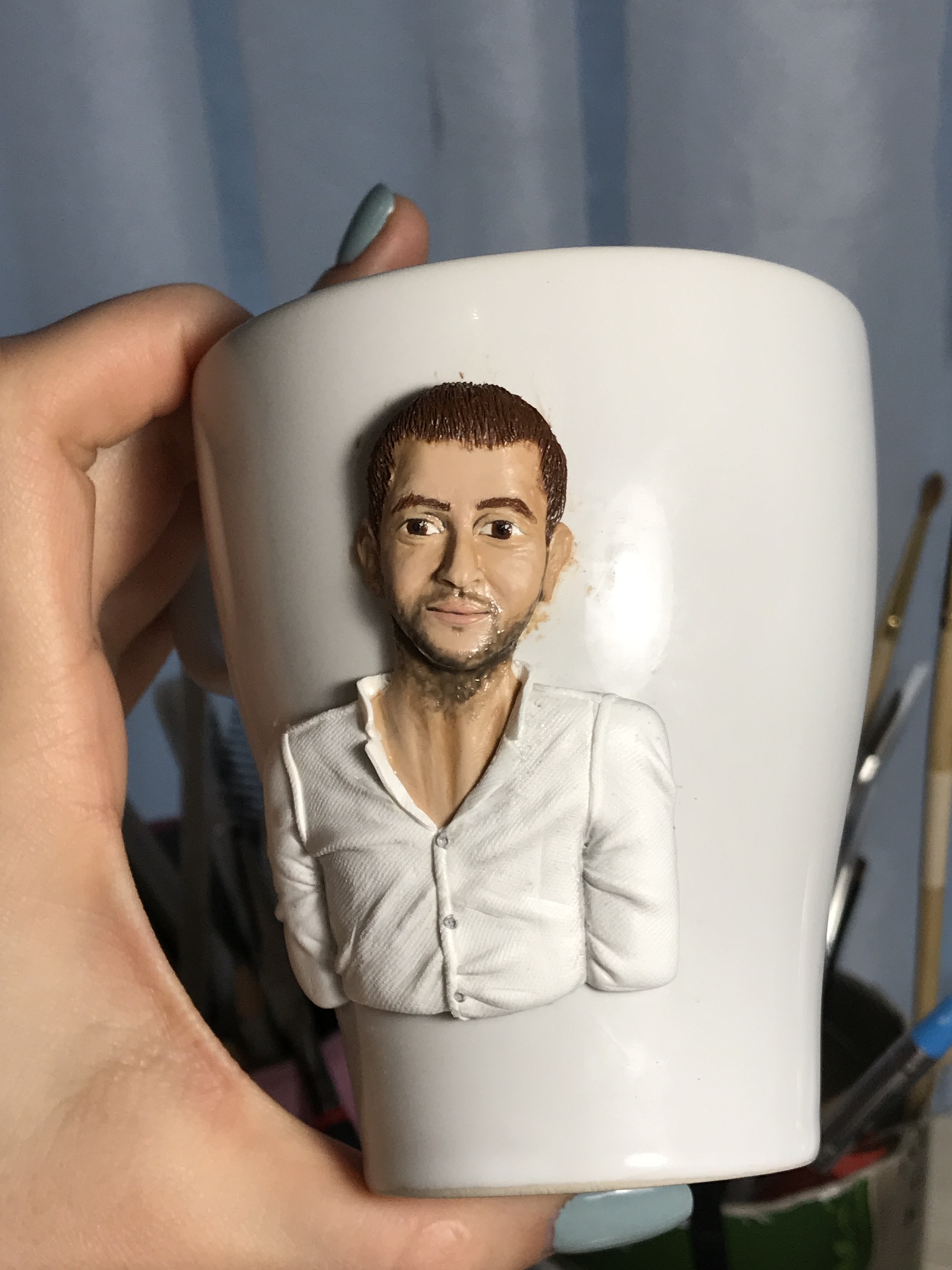 Portrait of a man from a polymer clay photo - My, Polymer clay, Кружки, Mug with decor, Needlework with process, Portrait, Longpost