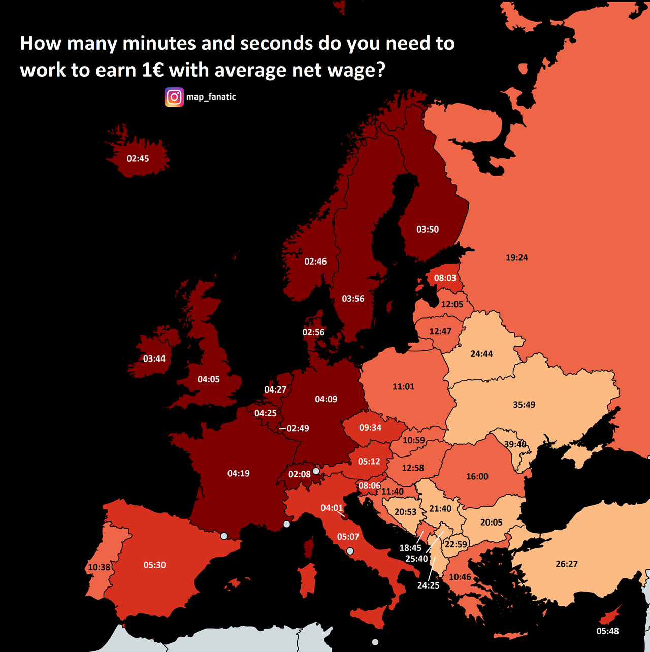 How many minutes do you need to work to earn 1 euro - Euro, World map, Earnings, Europe