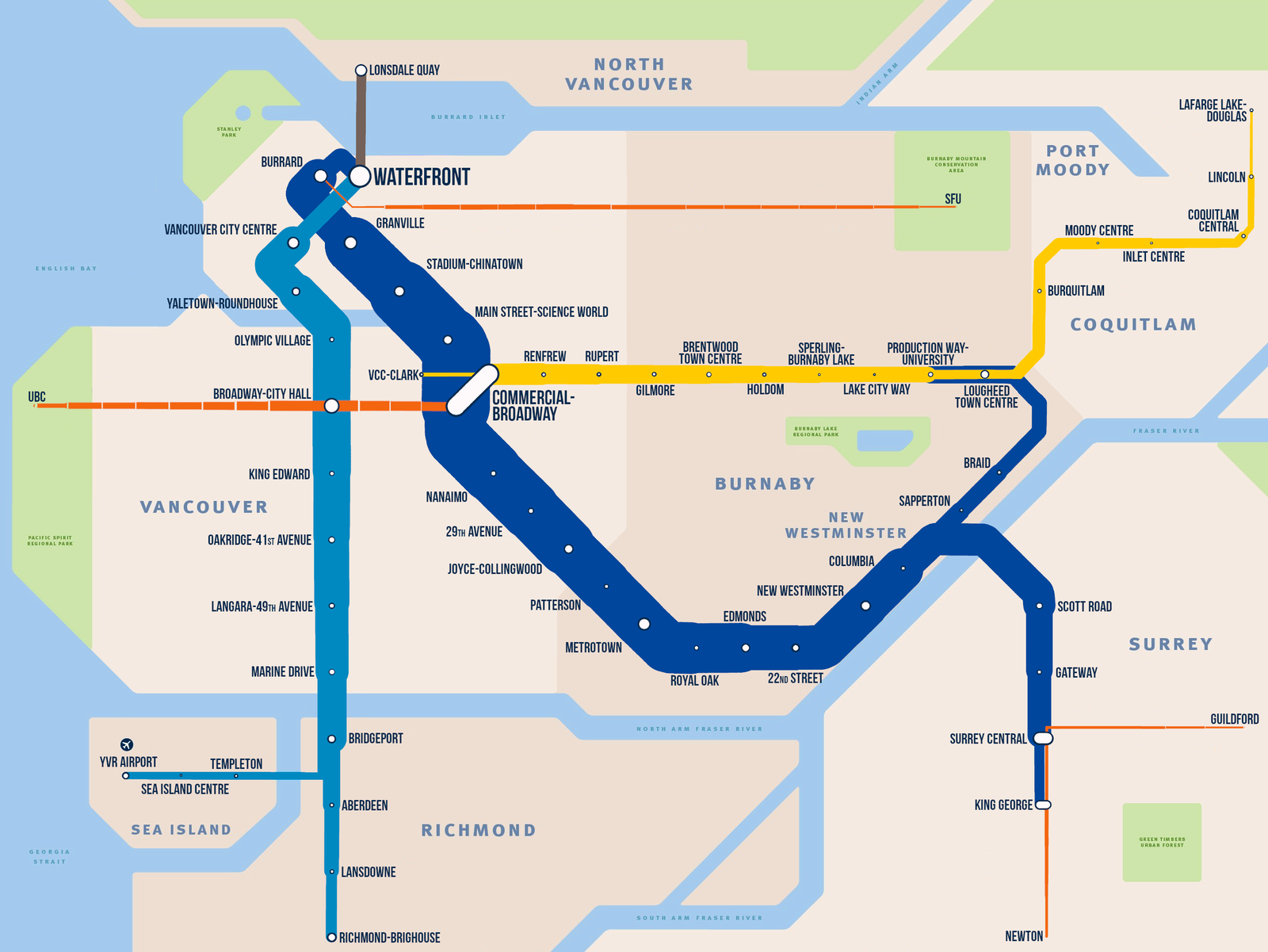 Оригинальная схема метро Ванкувера, где толщина линии соответствует загруженности - Метро, Ванкувер, Загруженность, Схема, Карты, Канада, Общественный транспорт