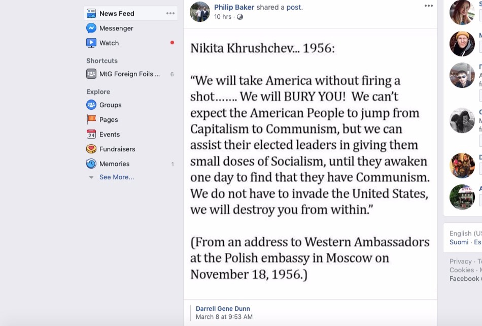 Evil communists dream of destroying America - My, Politics, USA, Khrushchev, Propaganda, Communism, Screenshot, Facebook, Nikita Khrushchev