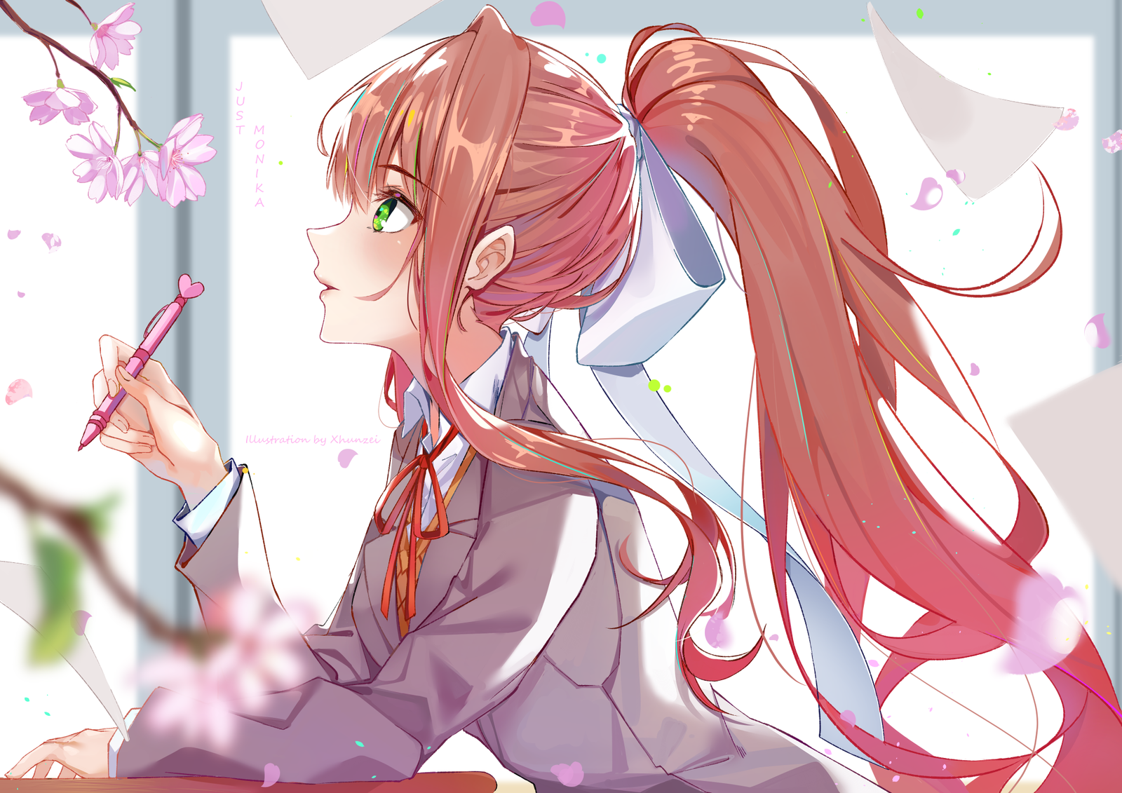 Cherry Blossoms - Doki Doki Literature Club, Monika, Аниме, Визуальная новелла, Не аниме, Арт, Anime Art, Xhunzei