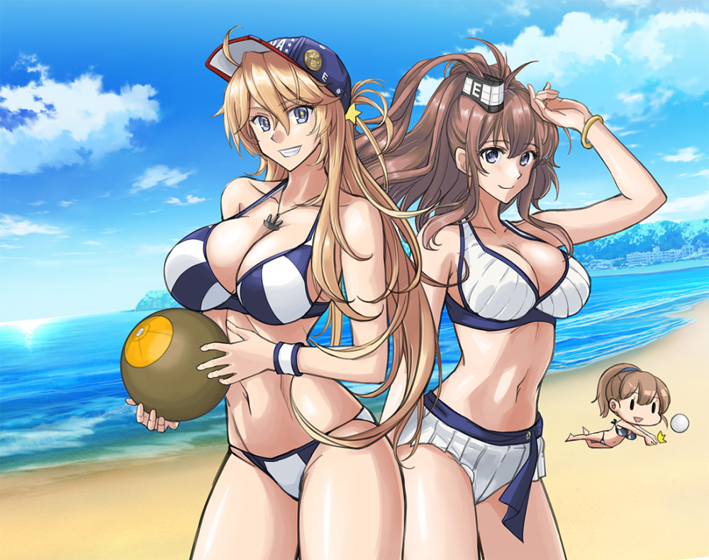 Iowa, Saratoga and Intrepid (chibi) - Kantai collection, Anime, Anime art, Uss Iowa, Saratoga, Intrepid, Swimsuit