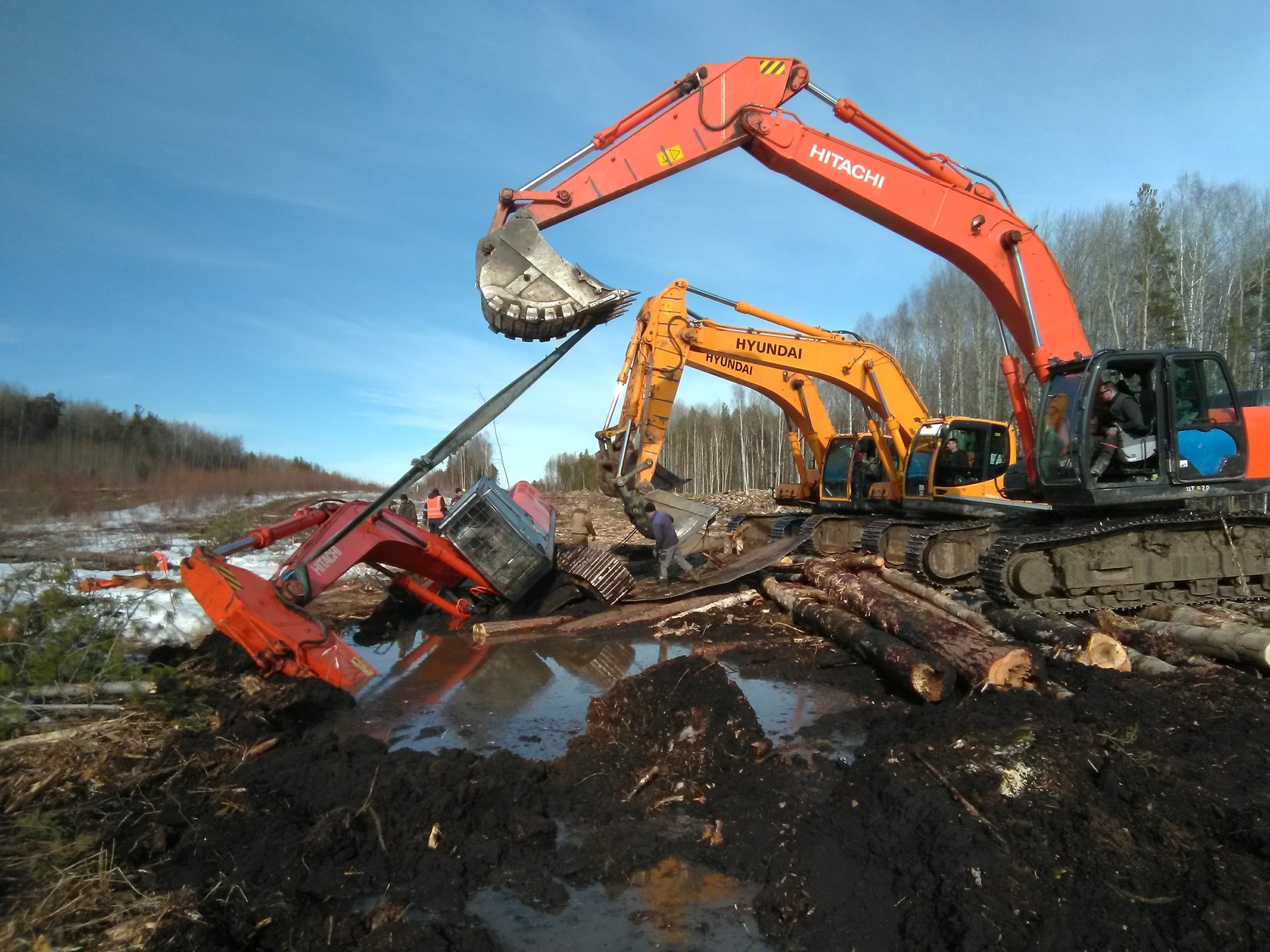 Oh, it's hard work... - My, Excavator, The rescue, Swamp, Longpost