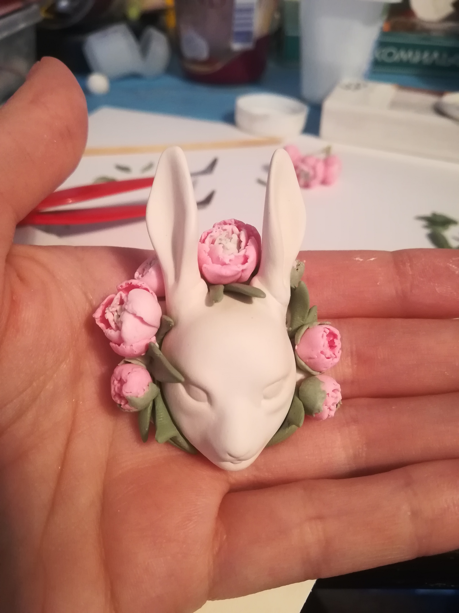 Bunny in peonies - My, Friday, Needlework without process, Furry, Brooch, Polymer clay, Longpost