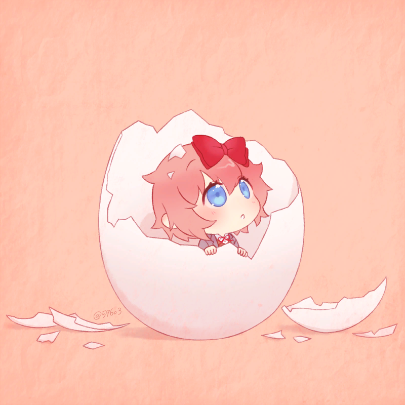 Smol Sayori hatches - Doki Doki Literature Club, Sayori, Anime Art, Chibi, Визуальная новелла, Чиби